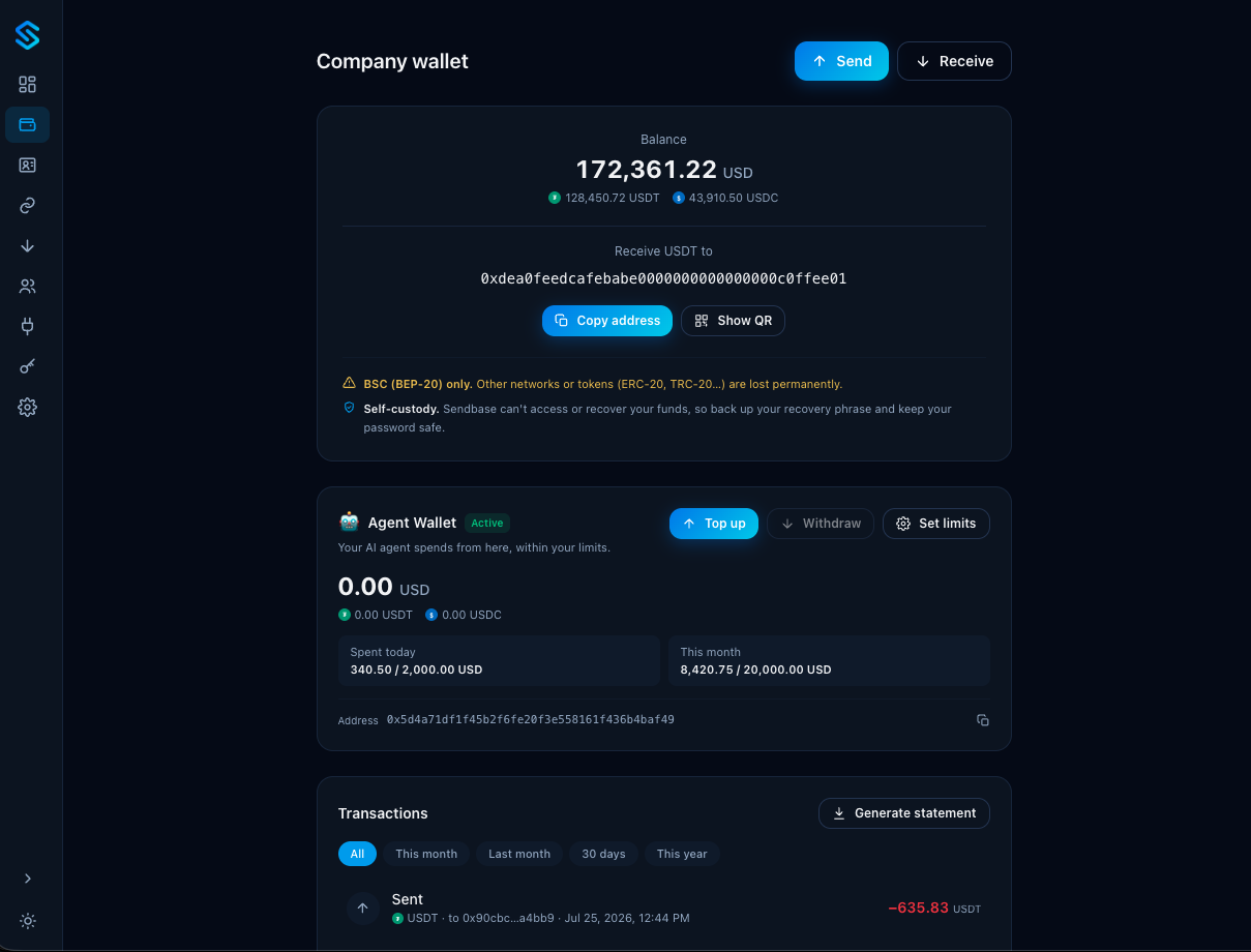 Sendbase company wallet with balance, receive address, and an AI agent wallet showing spend limits and recent transactions